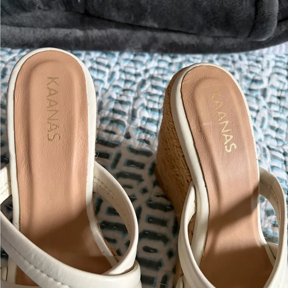 Kaanas Cream Woven Espadrille Wedge Sandals